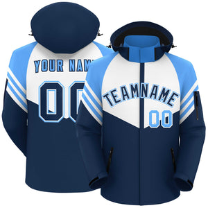 Custom White Navy-Powder Blue Color Block Personalized Outdoor Hooded Waterproof Jacket