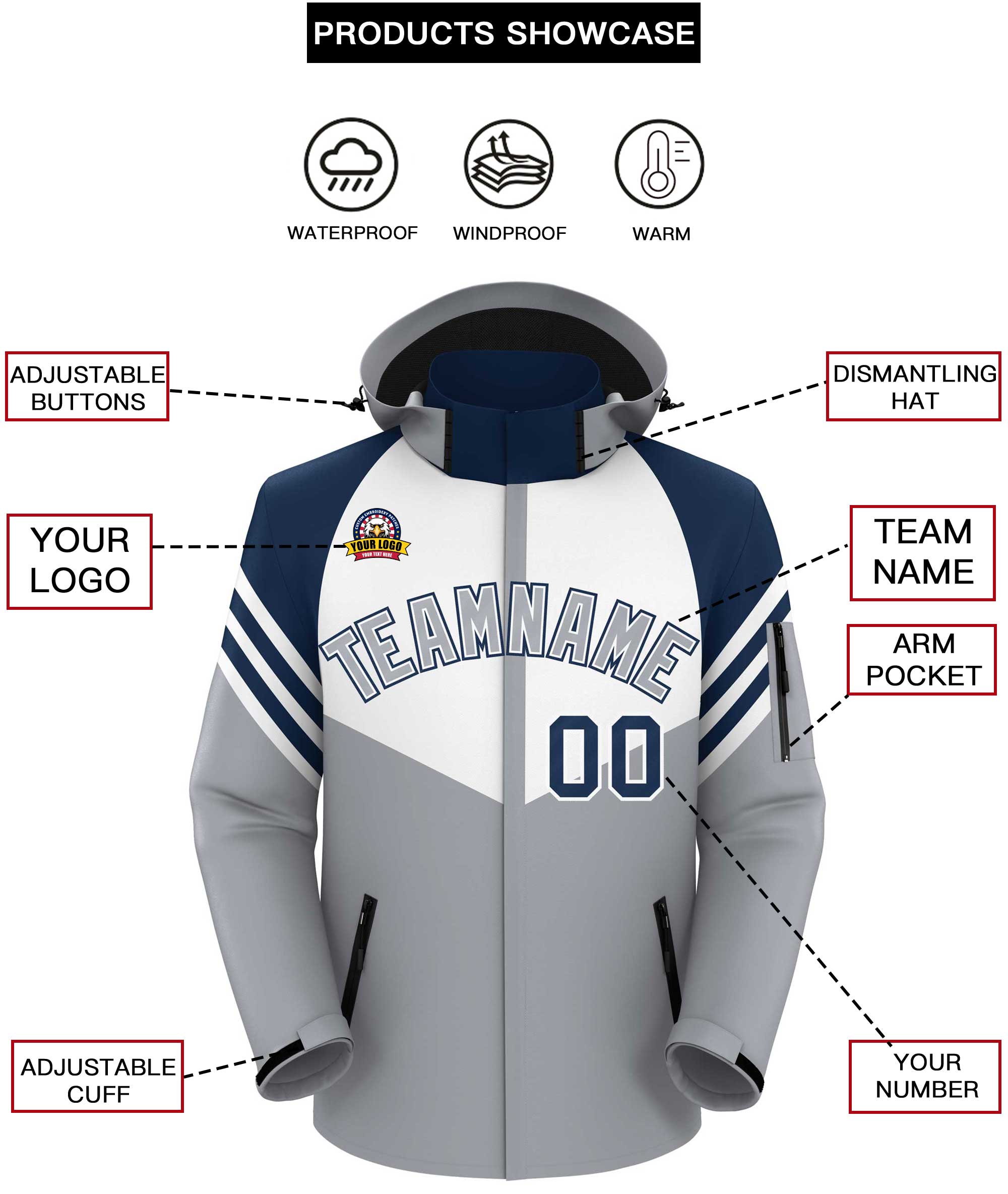 Custom White Gray-Navy Color Block Personalized Outdoor Hooded Waterproof Jacket