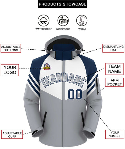 Custom White Gray-Navy Color Block Personalized Outdoor Hooded Waterproof Jacket