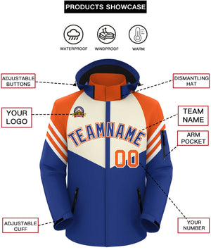 Custom Cream Royal-Orange Color Block Personalized Outdoor Hooded Waterproof Jacket