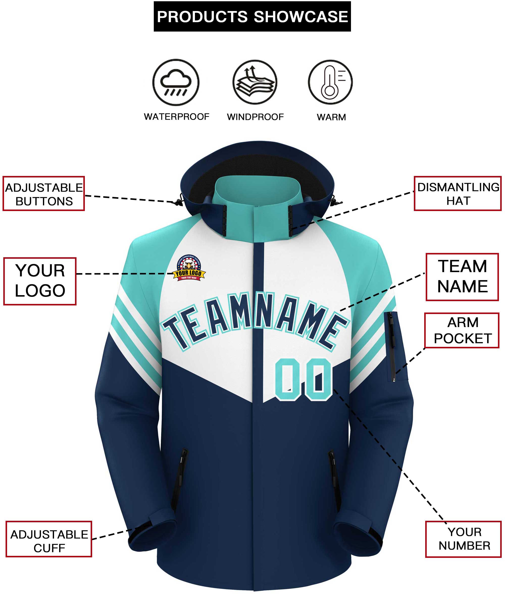 Custom White Navy-Aqua Color Block Personalized Outdoor Hooded Waterproof Jacket