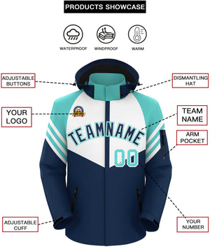 Custom White Navy-Aqua Color Block Personalized Outdoor Hooded Waterproof Jacket