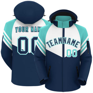 Custom White Navy-Aqua Color Block Personalized Outdoor Hooded Waterproof Jacket