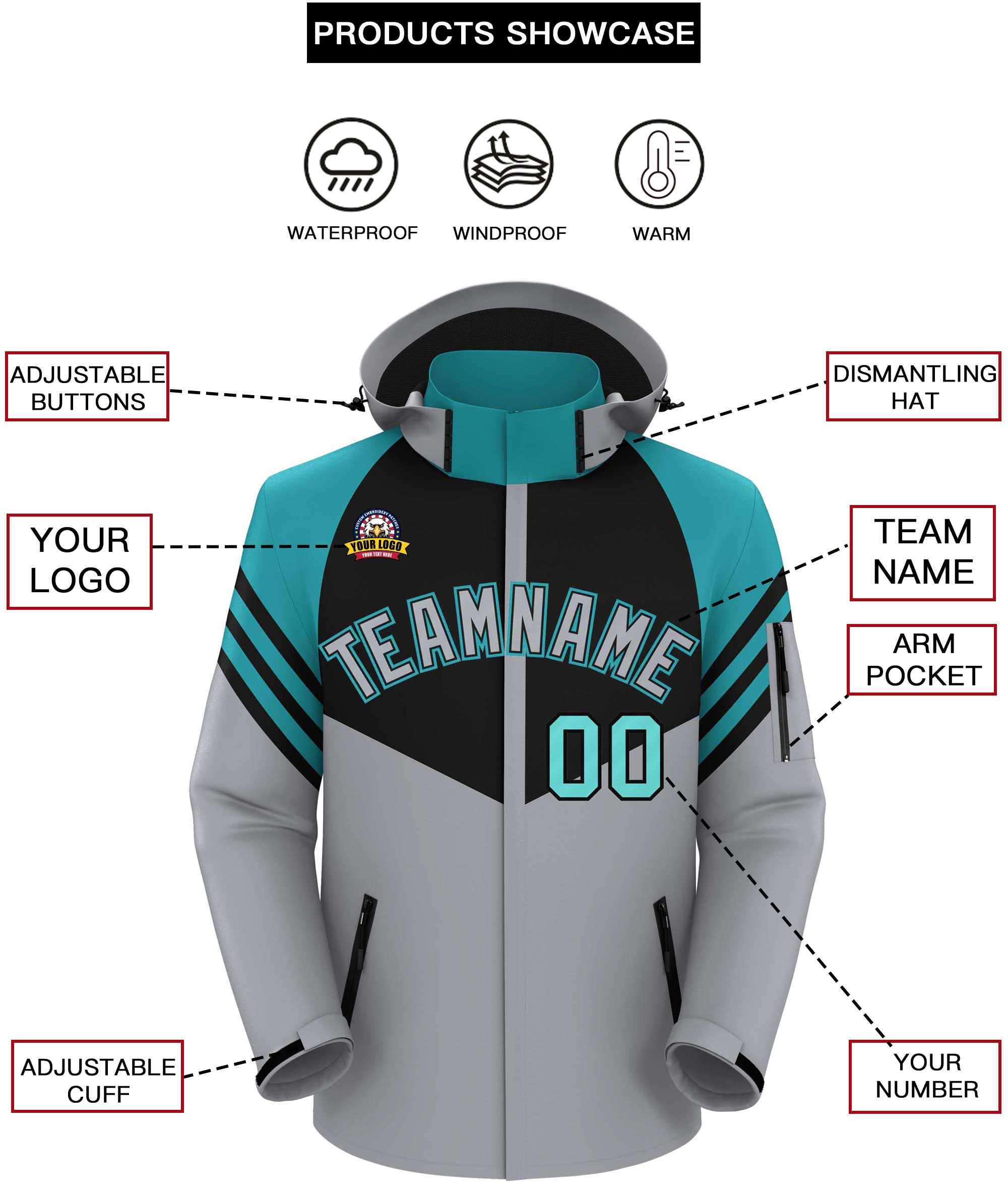 Custom Black Gray-Aqua Color Block Personalized Outdoor Hooded Waterproof Jacket