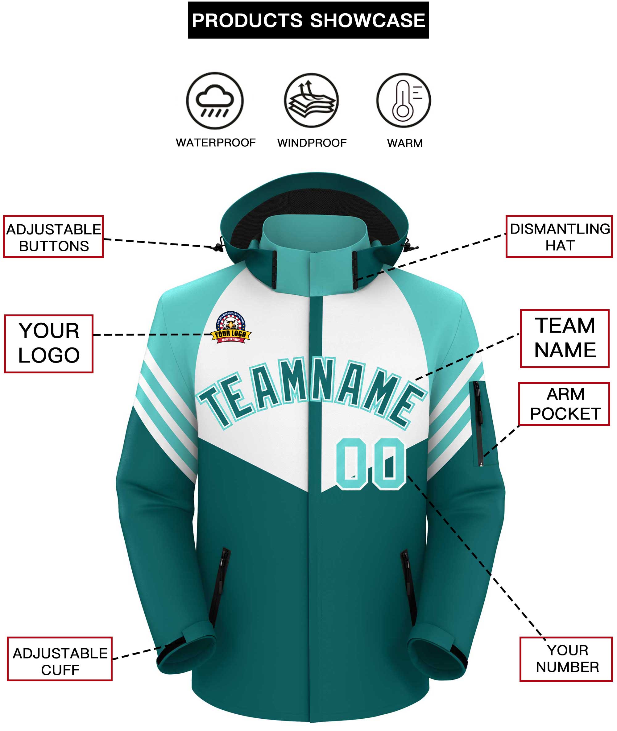 Custom White Aqua-Aqua Color Block Personalized Outdoor Hooded Waterproof Jacket