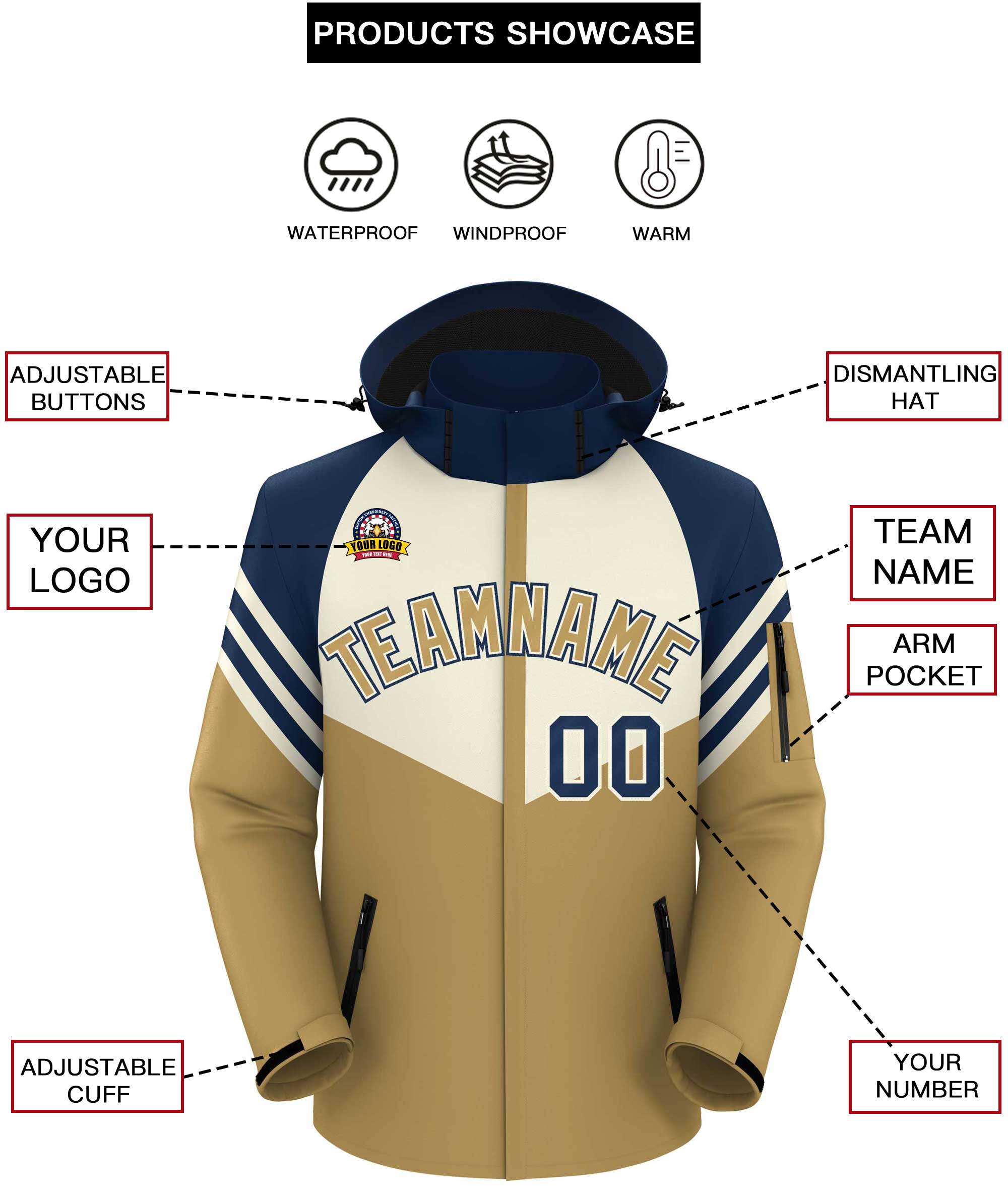 Custom Cream Old Gold-Navy Color Block Personalized Outdoor Hooded Waterproof Jacket