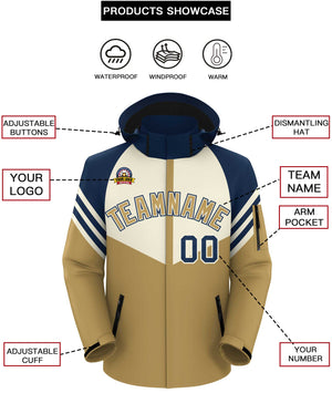 Custom Cream Old Gold-Navy Color Block Personalized Outdoor Hooded Waterproof Jacket