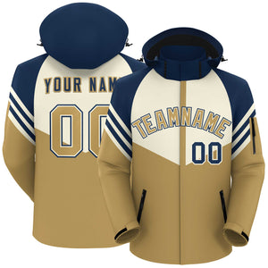 Custom Cream Old Gold-Navy Color Block Personalized Outdoor Hooded Waterproof Jacket