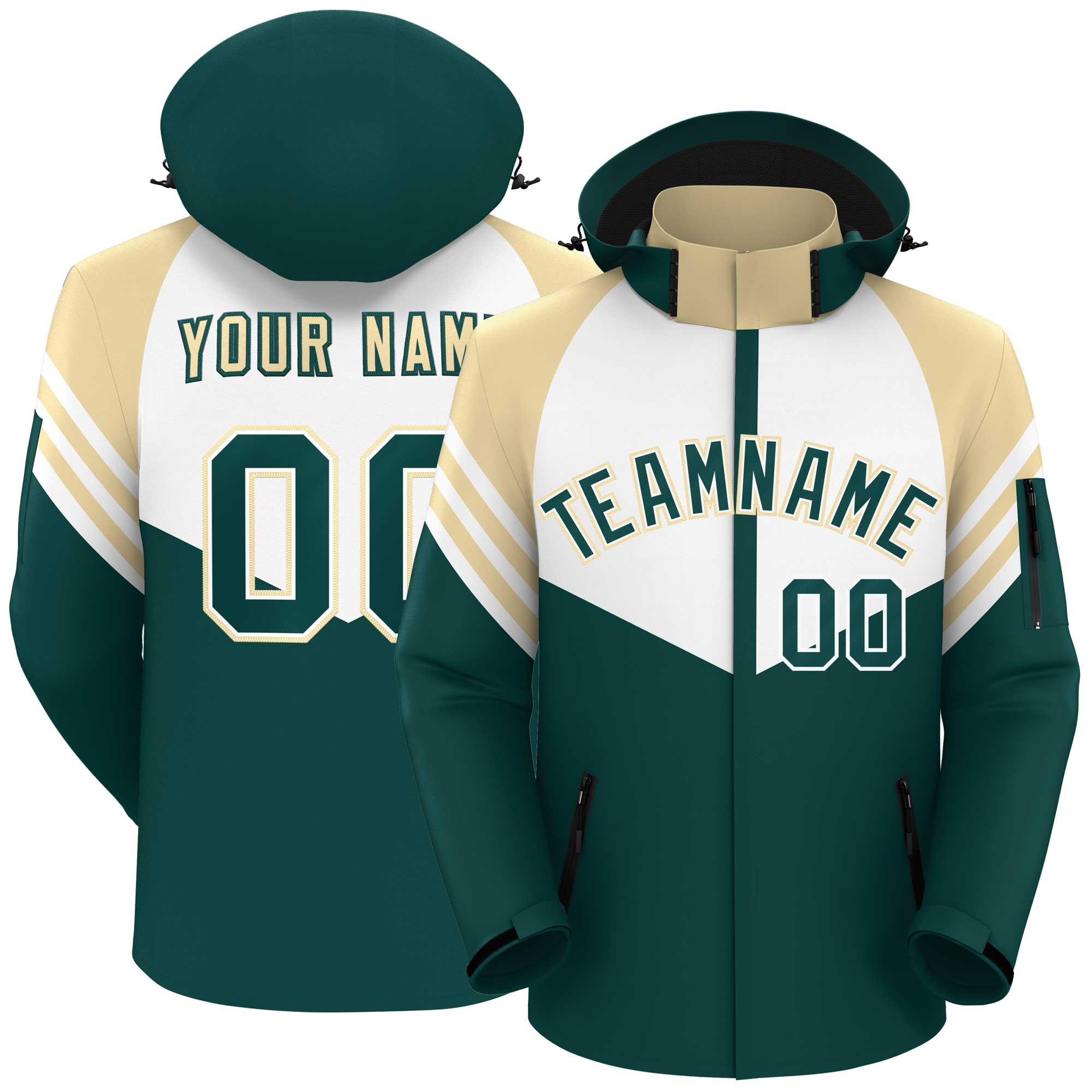 Custom White Midnight Green-Cream Color Block Personalized Outdoor Hooded Waterproof Jacket