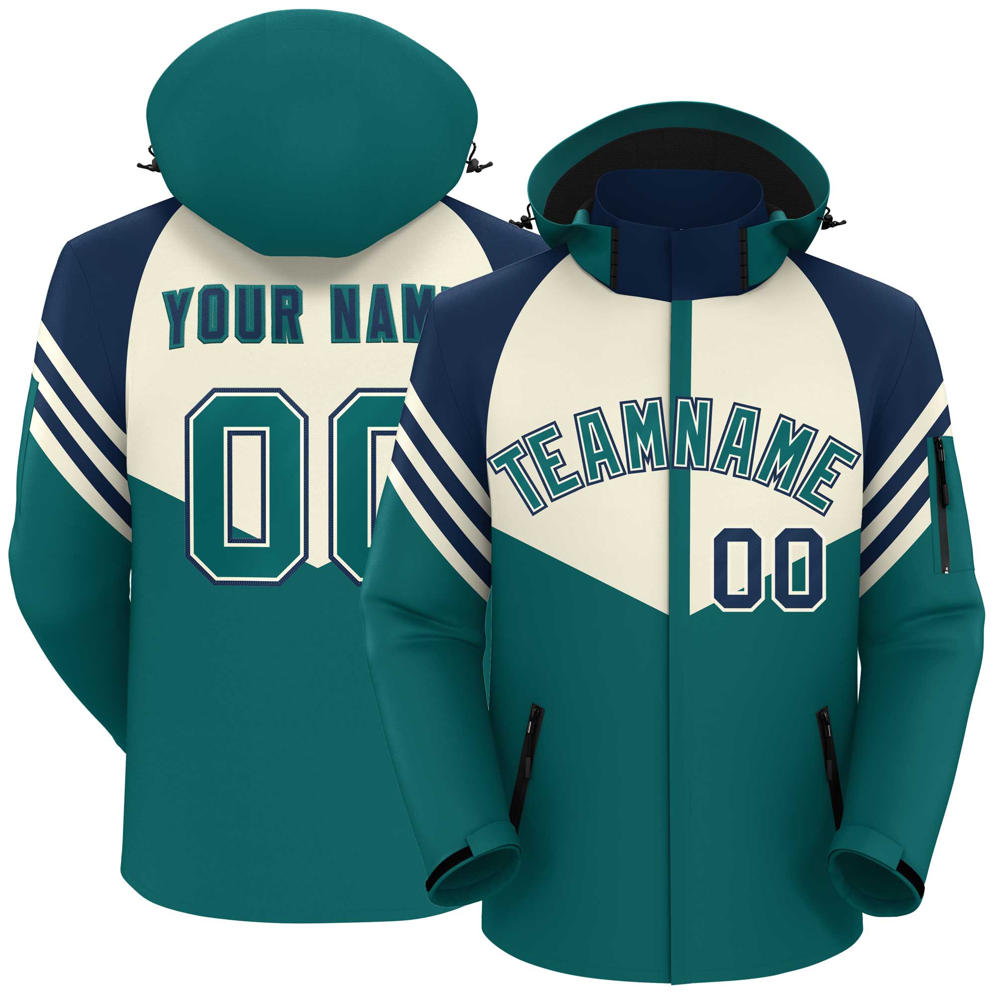 Custom Cream Aqua-Navy Color Block Personalized Outdoor Hooded Waterproof Jacket