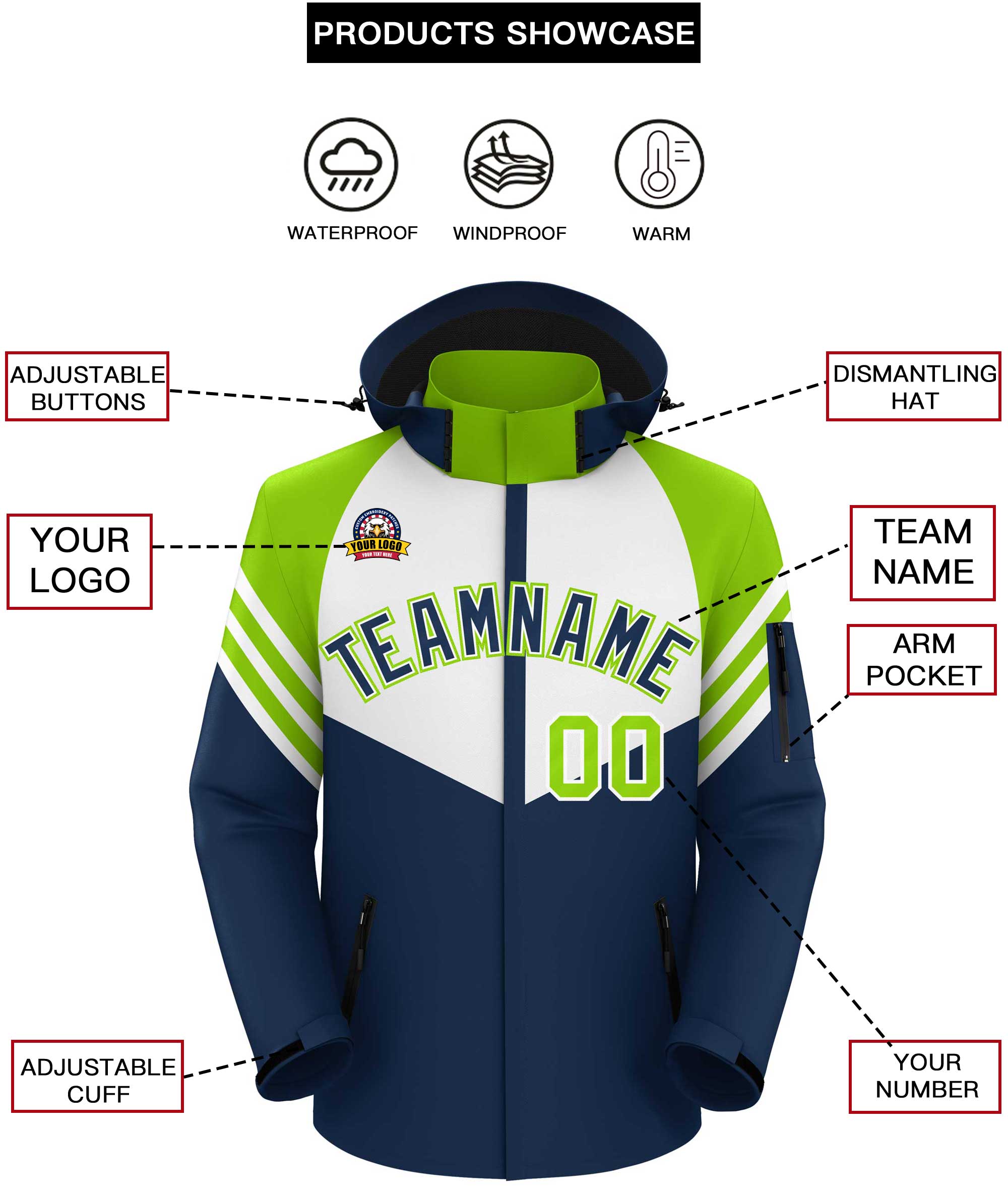 Custom White Navy-Neon Green Color Block Personalized Outdoor Hooded Waterproof Jacket