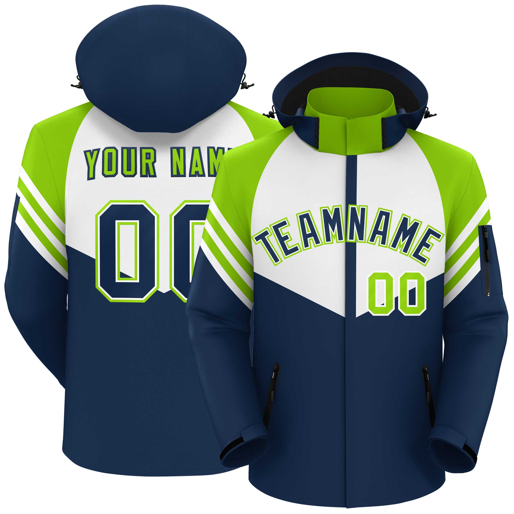 Custom White Navy-Neon Green Color Block Personalized Outdoor Hooded Waterproof Jacket