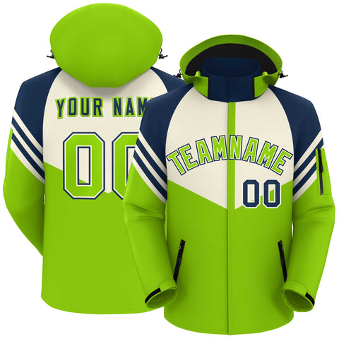 Custom Cream Neon Green-Navy Color Block Personalized Outdoor Hooded Waterproof Jacket
