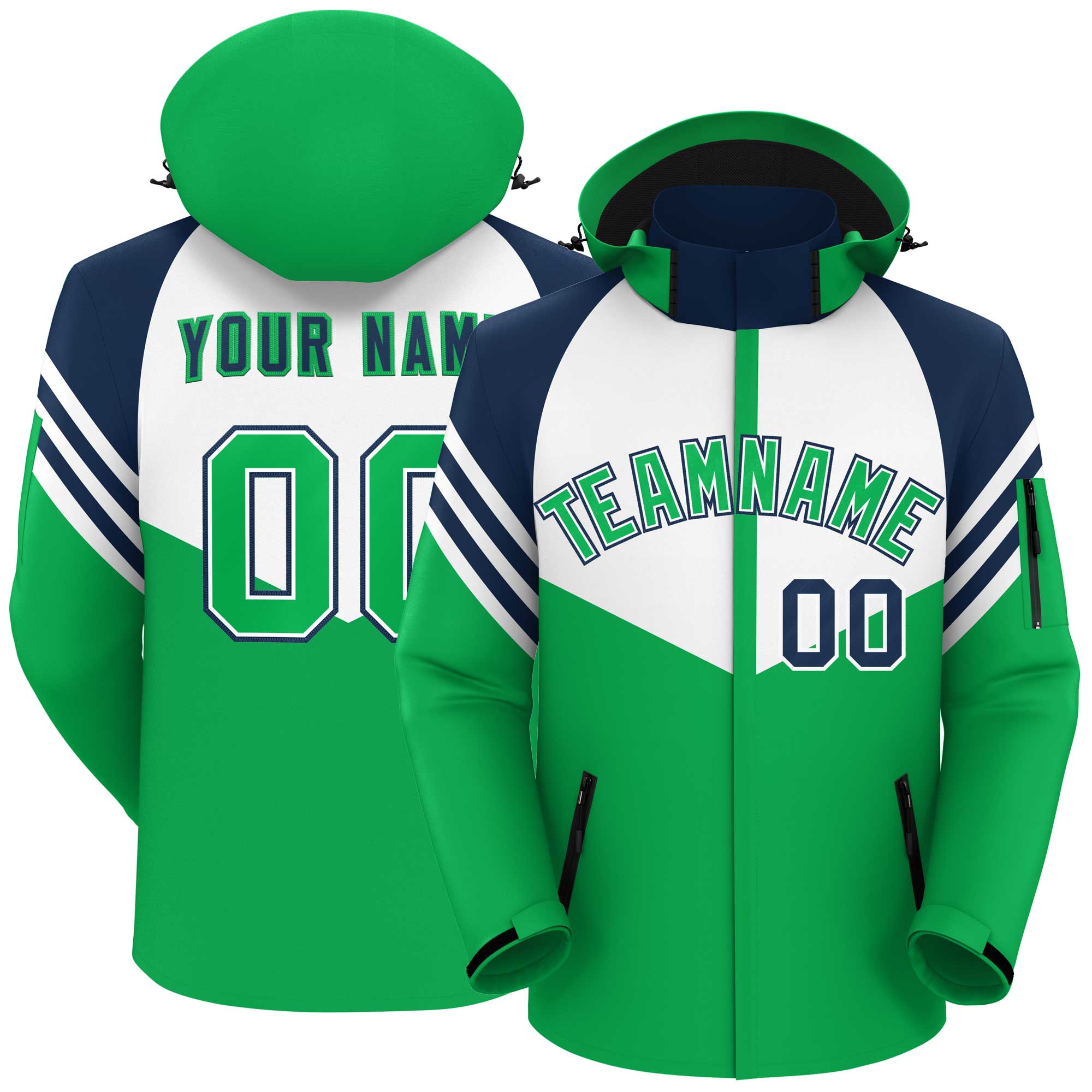 Custom White Kelly Green-Navy Color Block Personalized Outdoor Hooded Waterproof Jacket