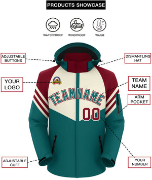 Custom Cream Aqua-Red Color Block Personalized Outdoor Hooded Waterproof Jacket