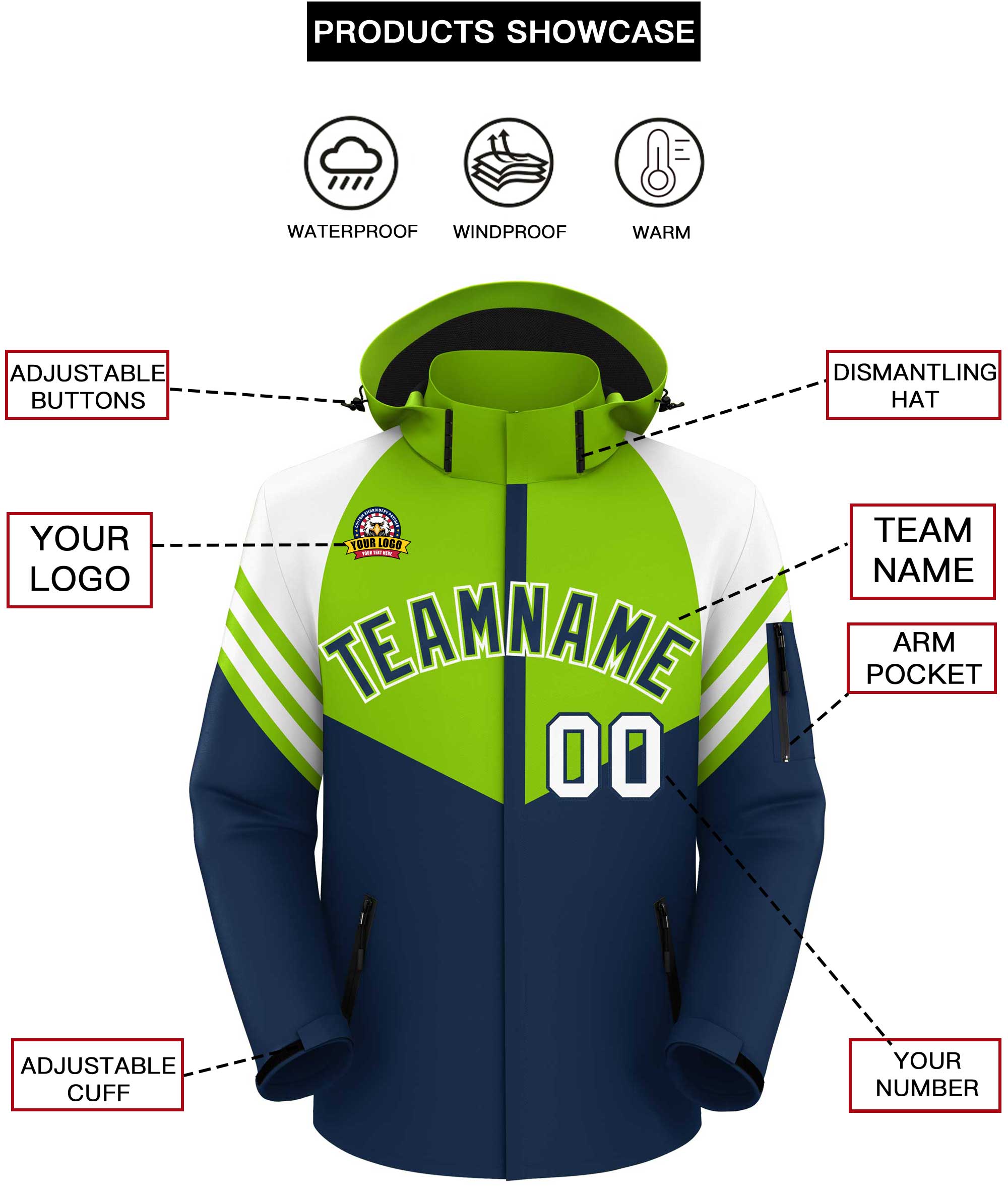 Custom Neon Green Navy-White Color Block Personalized Outdoor Hooded Waterproof Jacket