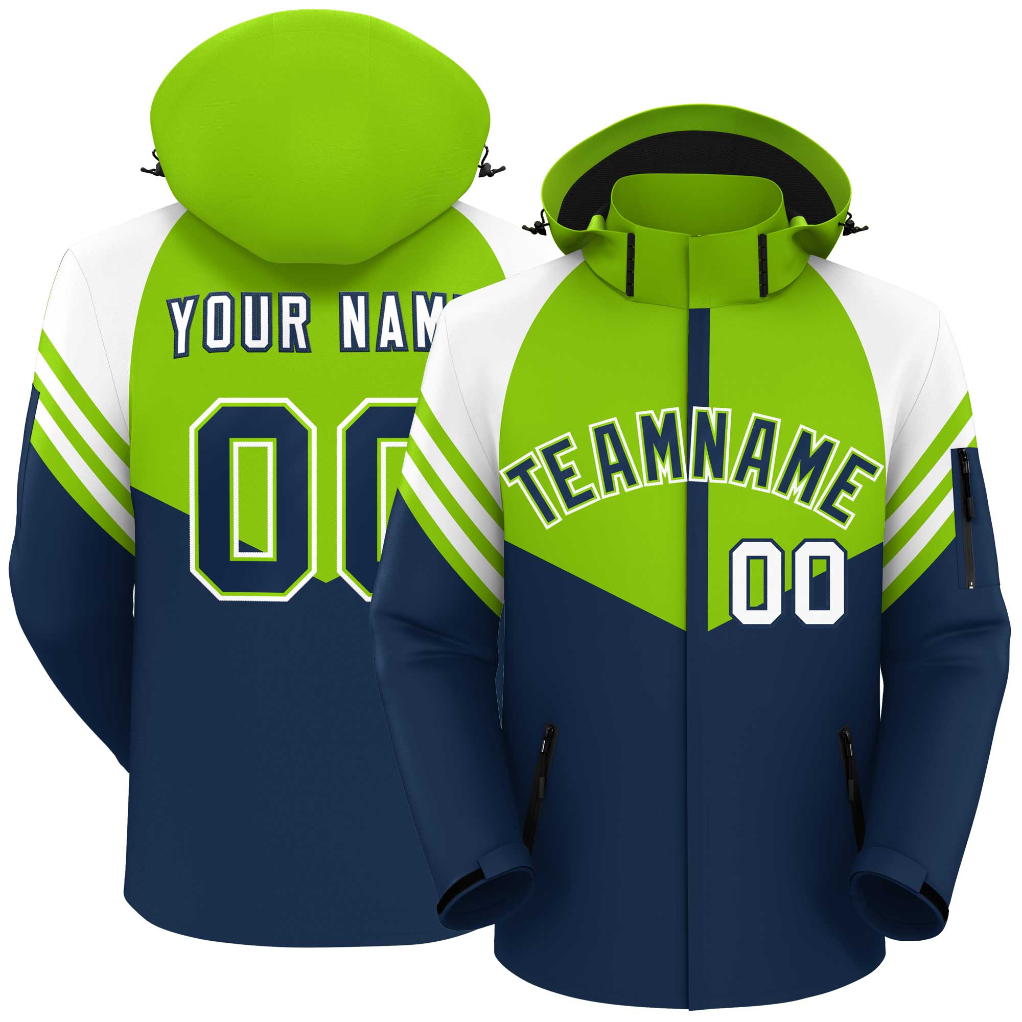 Custom Neon Green Navy-White Color Block Personalized Outdoor Hooded Waterproof Jacket