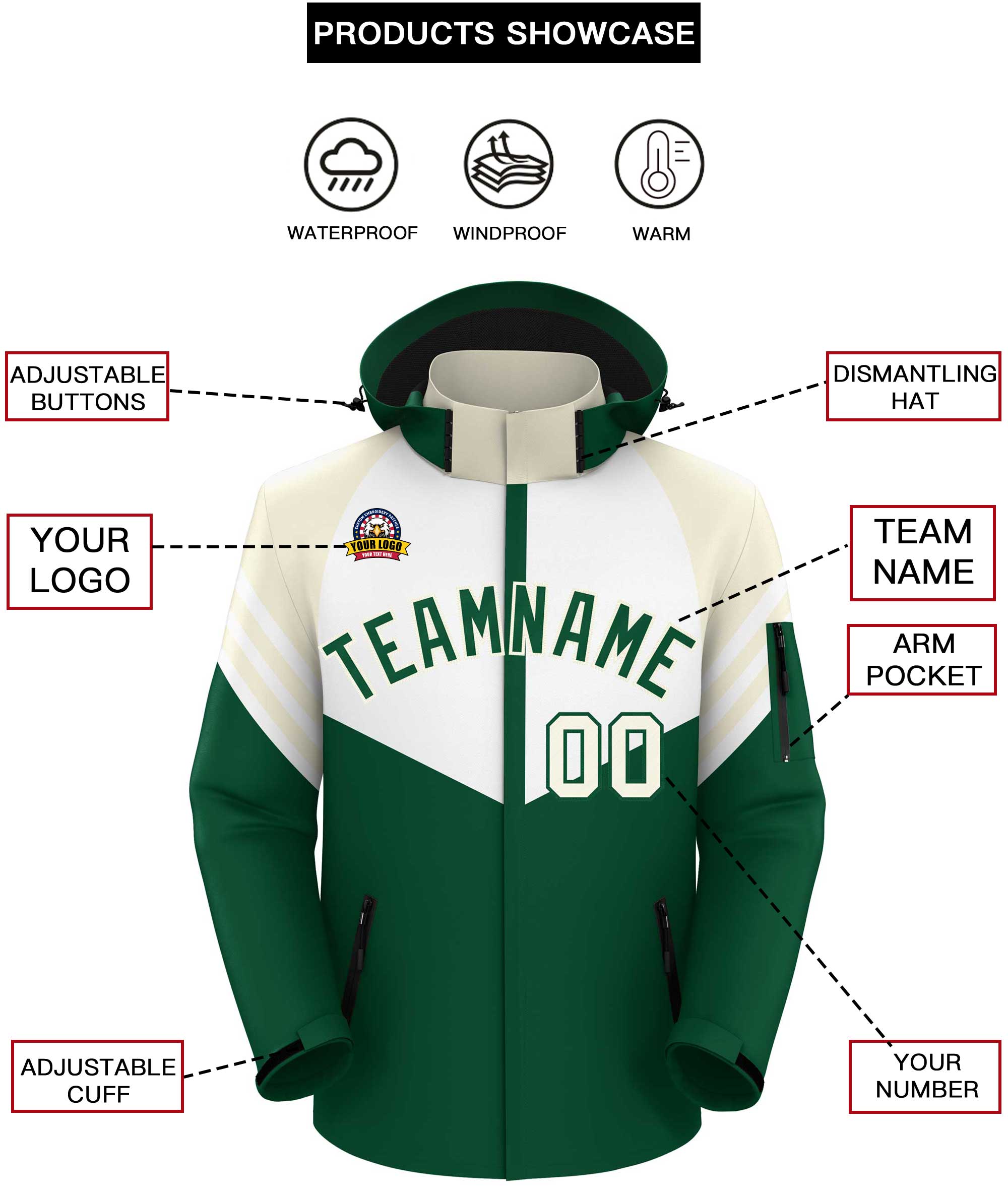 Custom White Green-Cream Color Block Personalized Outdoor Hooded Waterproof Jacket