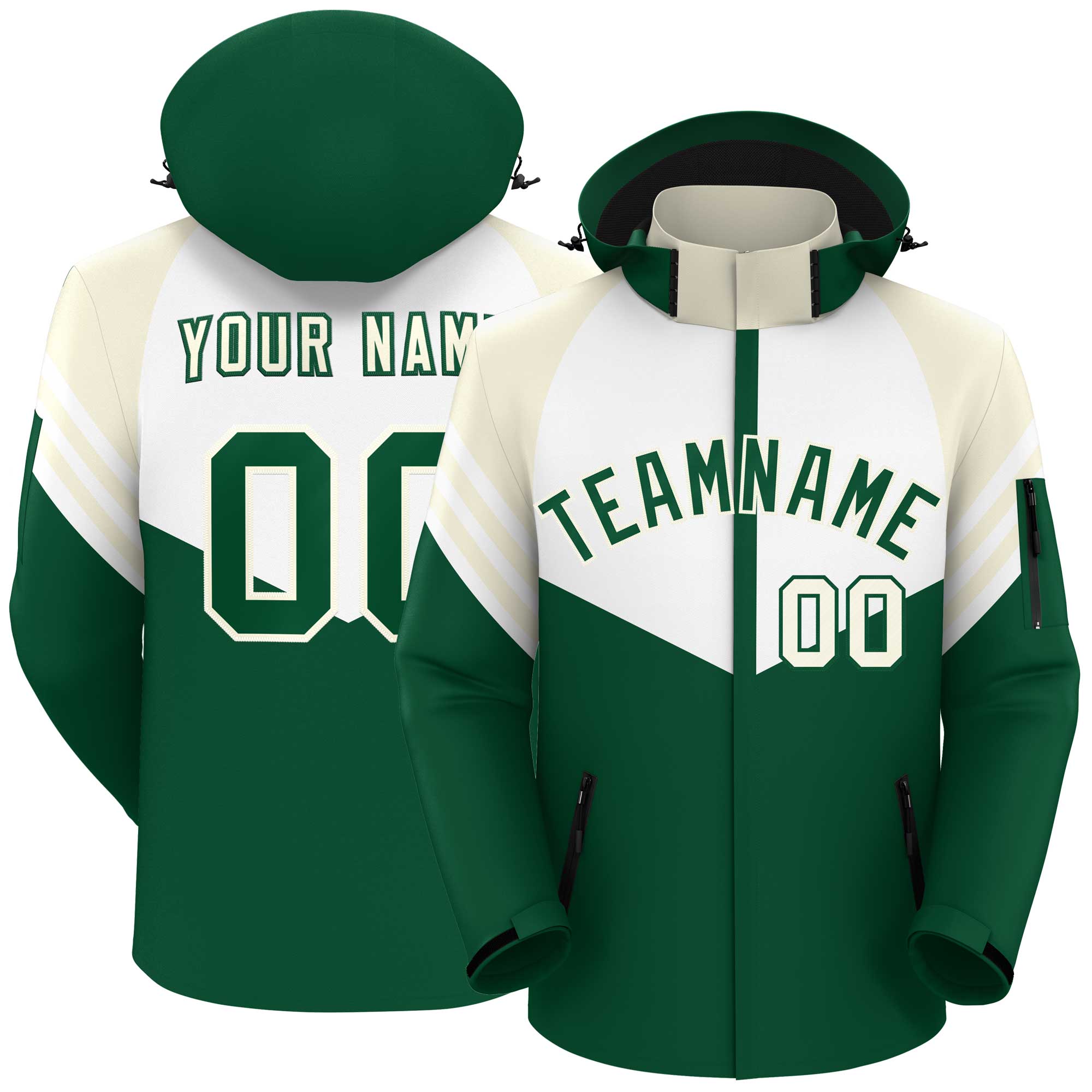 Custom White Green-Cream Color Block Personalized Outdoor Hooded Waterproof Jacket