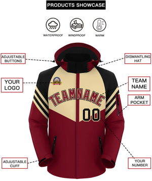 Custom Khaki Crimson-Black Color Block Personalized Outdoor Hooded Waterproof Jacket