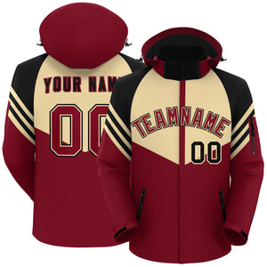 Custom Khaki Crimson-Black Color Block Personalized Outdoor Hooded Waterproof Jacket