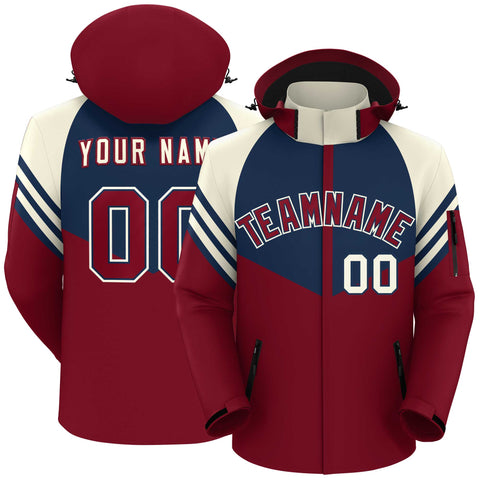 Custom Navy Crimson-Cream Color Block Personalized Outdoor Hooded Waterproof Jacket