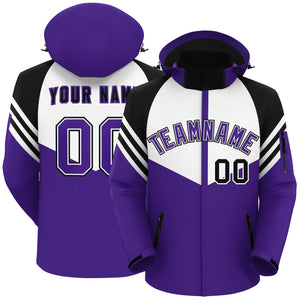 Custom White Purple-Black Color Block Personalized Outdoor Hooded Waterproof Jacket