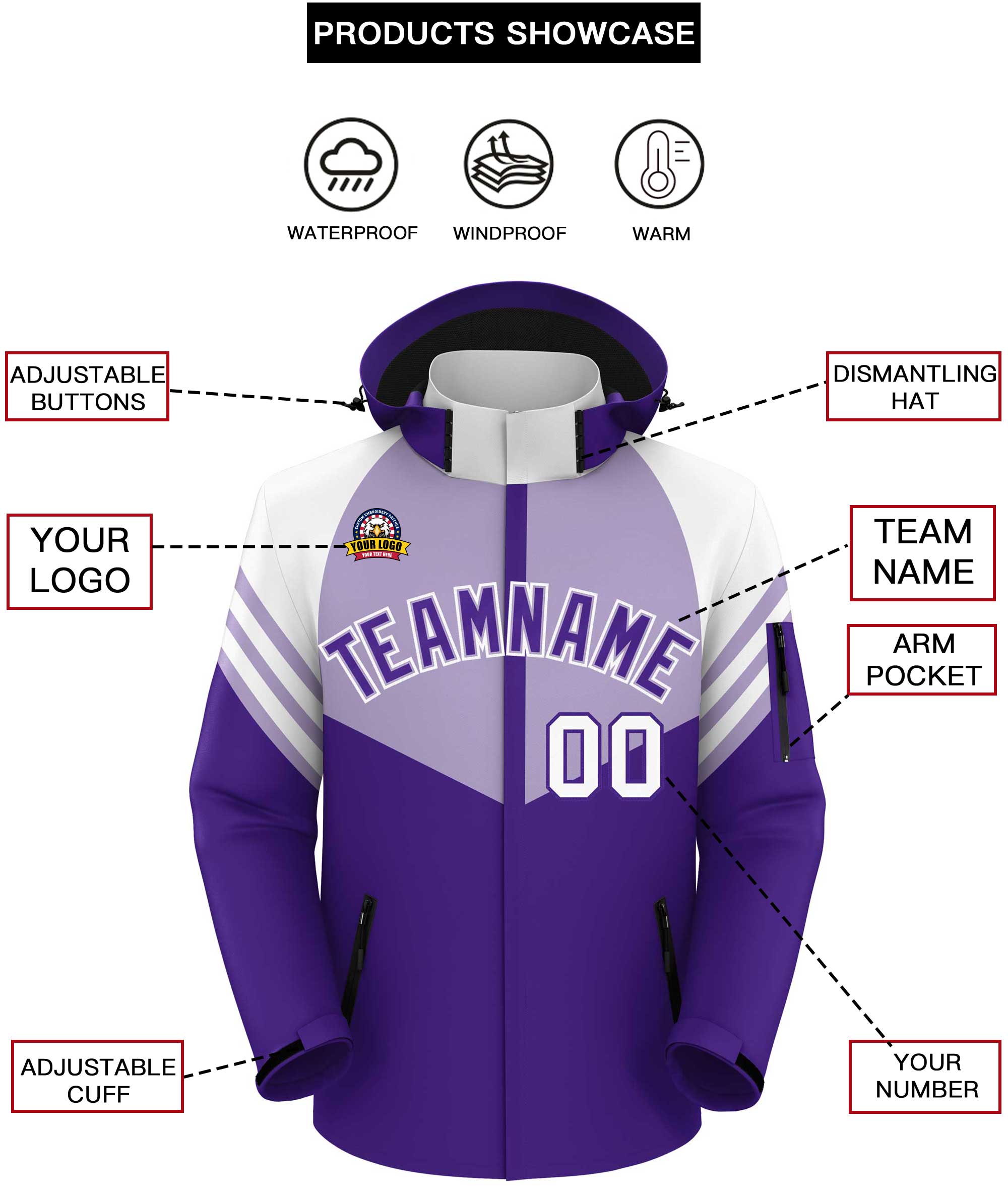 Custom Light Purple Purple-White Color Block Personalized Outdoor Hooded Waterproof Jacket