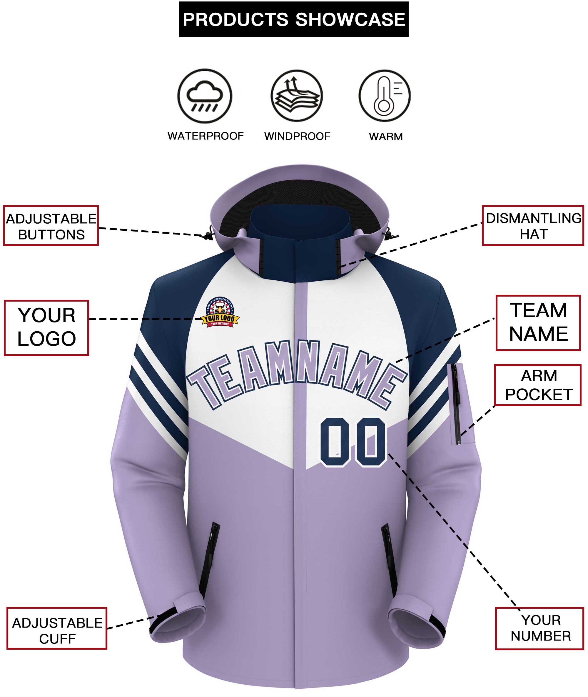 Custom White Light Purple-Navy Color Block Personalized Outdoor Hooded Waterproof Jacket