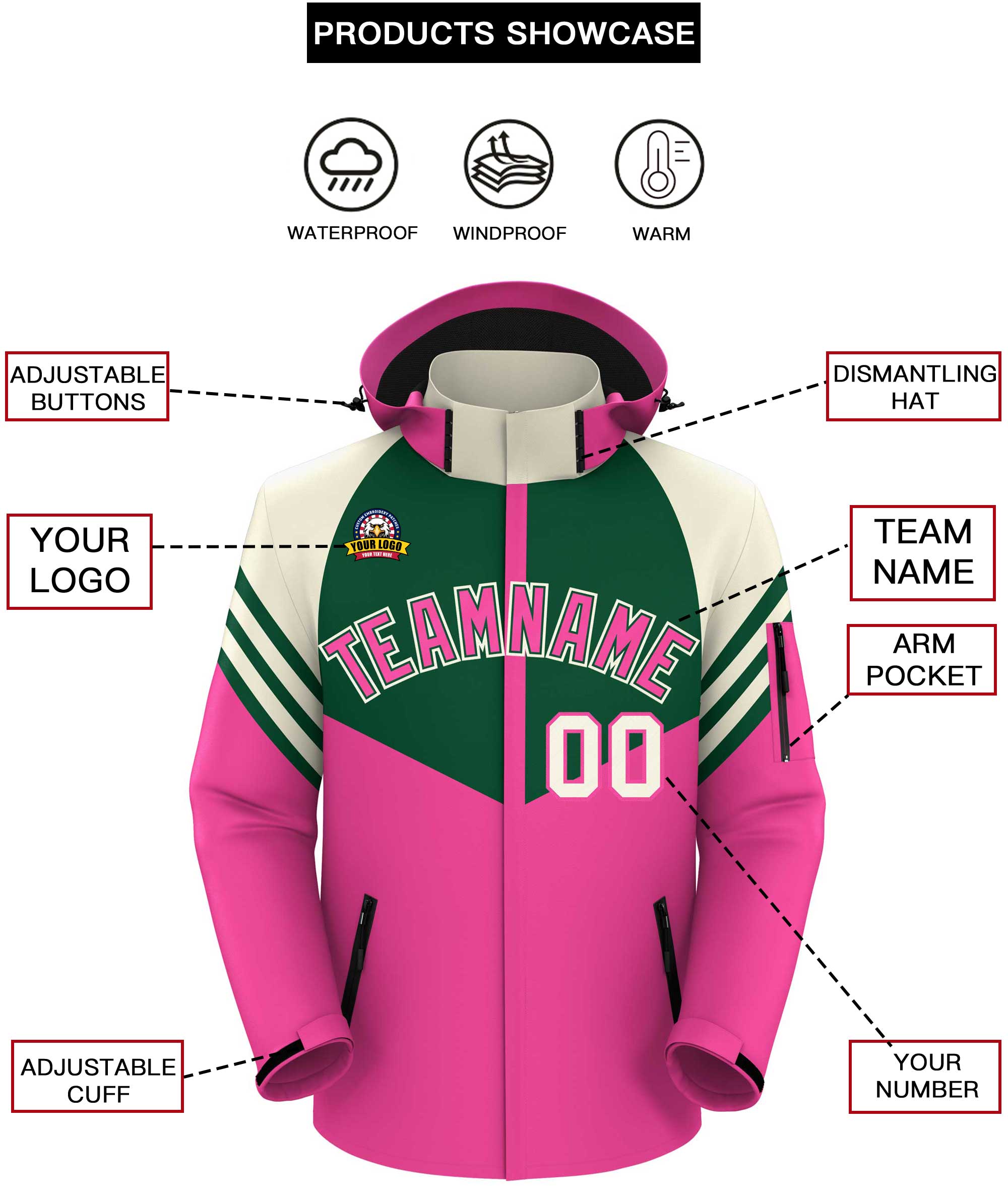 Custom Green Pink-Cream Color Block Personalized Outdoor Hooded Waterproof Jacket