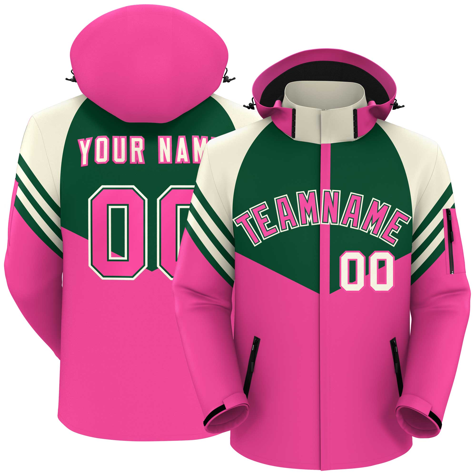 Custom Green Pink-Cream Color Block Personalized Outdoor Hooded Waterproof Jacket