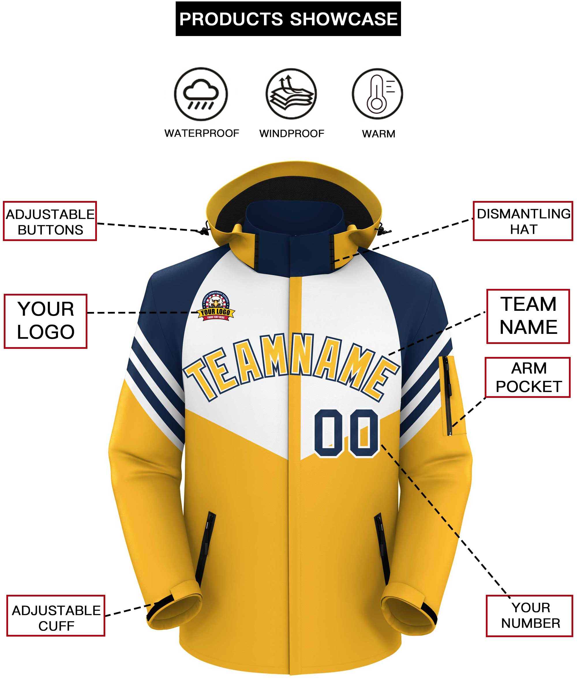 Custom White Gold-Navy Color Block Personalized Outdoor Hooded Waterproof Jacket