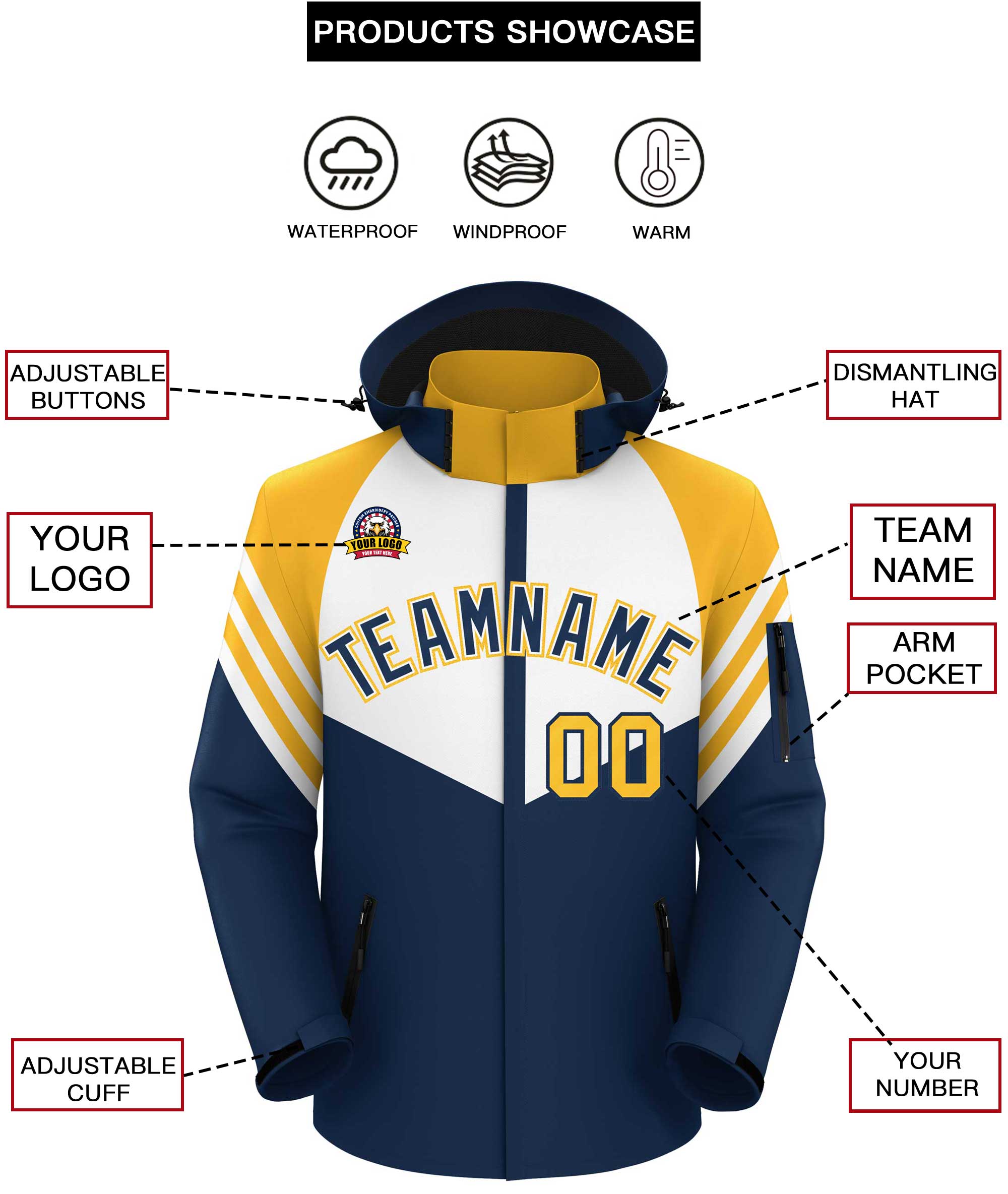 Custom White Navy-Gold Color Block Personalized Outdoor Hooded Waterproof Jacket