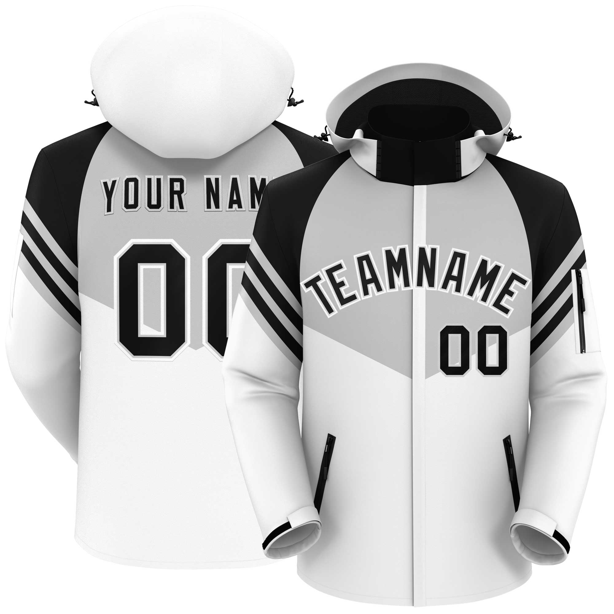 Custom Gray White-Black Color Block Personalized Outdoor Hooded Waterproof Jacket