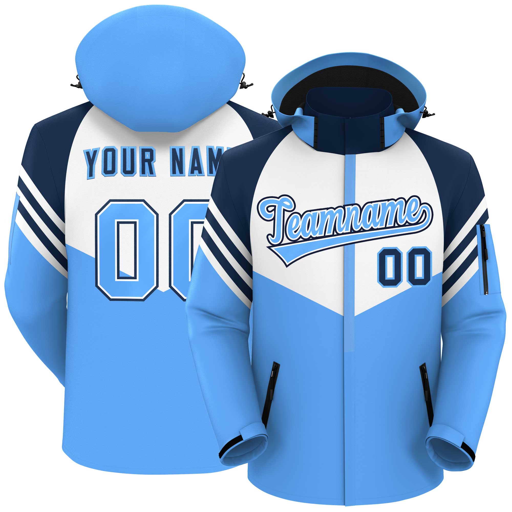 Custom White Powder Blue-Navy Color Block Personalized Outdoor Hooded Waterproof Jacket