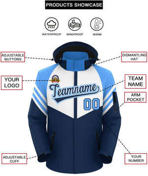 Custom White Navy-Powder Blue Color Block Personalized Outdoor Hooded Waterproof Jacket