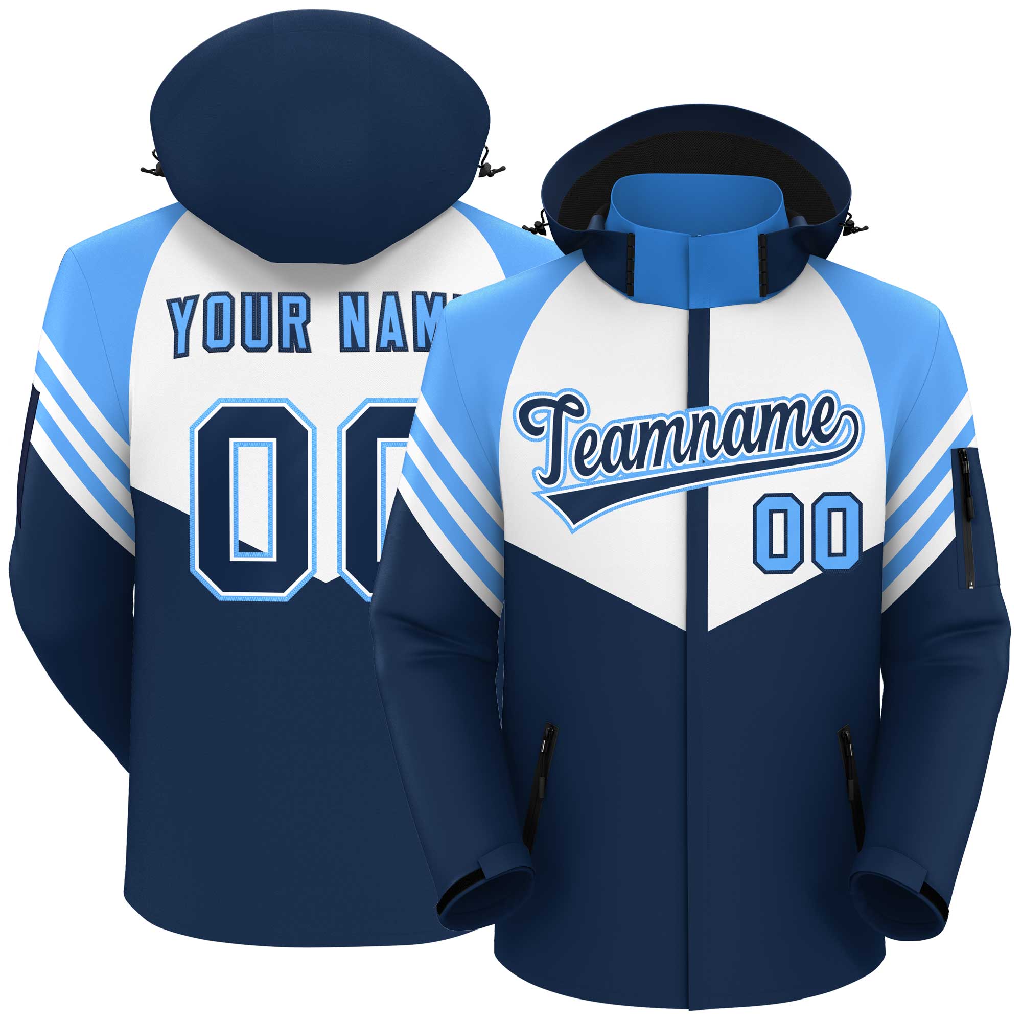 Custom White Navy-Powder Blue Color Block Personalized Outdoor Hooded Waterproof Jacket