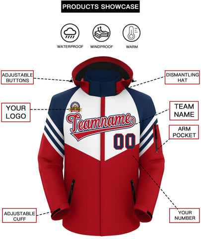 Custom White Red-Navy Color Block Personalized Outdoor Hooded Waterproof Jacket