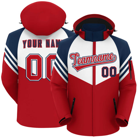 Custom White Red-Navy Color Block Personalized Outdoor Hooded Waterproof Jacket