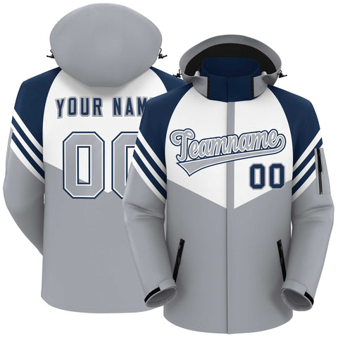 Custom White Gray-Navy Color Block Personalized Outdoor Hooded Waterproof Jacket