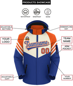 Custom Cream Royal-Orange Color Block Personalized Outdoor Hooded Waterproof Jacket