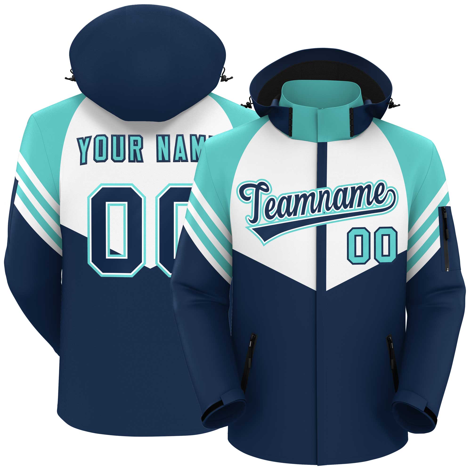 Custom White Navy-Aqua Color Block Personalized Outdoor Hooded Waterproof Jacket