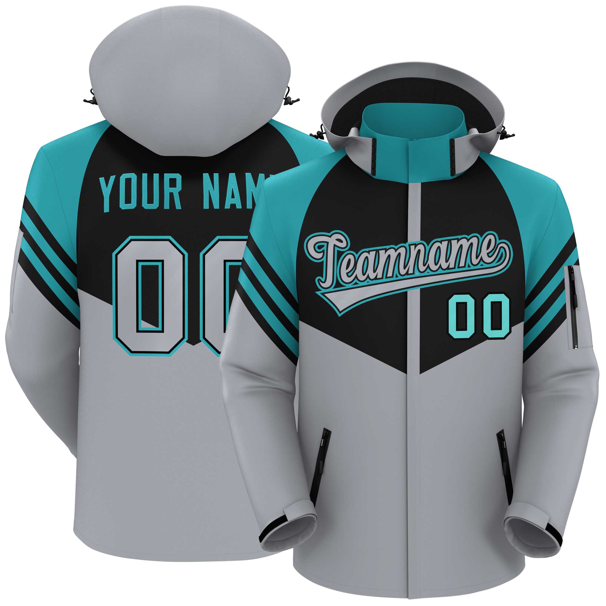 Custom Black Gray-Aqua Color Block Personalized Outdoor Hooded Waterproof Jacket