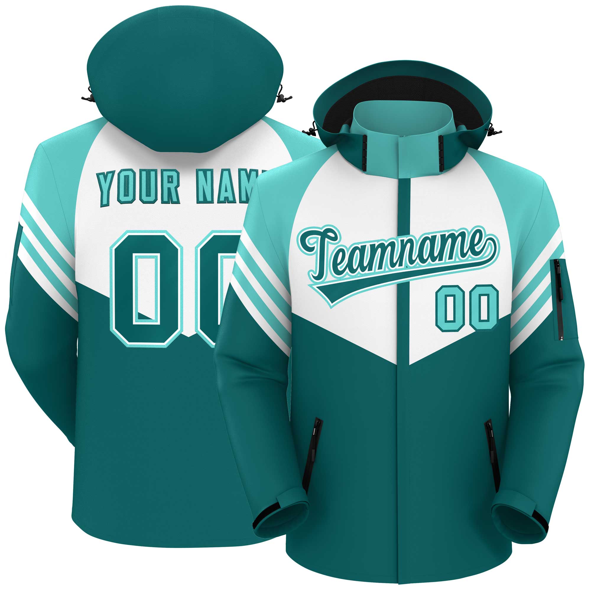 Custom White Aqua-Aqua Color Block Personalized Outdoor Hooded Waterproof Jacket