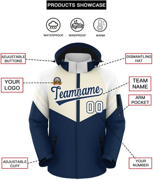 Custom Cream Navy-White Color Block Personalized Outdoor Hooded Waterproof Jacket