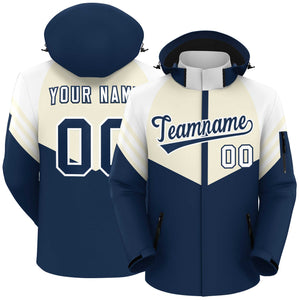 Custom Cream Navy-White Color Block Personalized Outdoor Hooded Waterproof Jacket