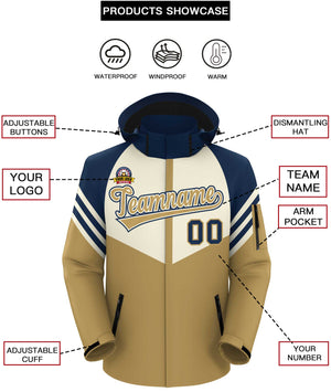 Custom Cream Old Gold-Navy Color Block Personalized Outdoor Hooded Waterproof Jacket