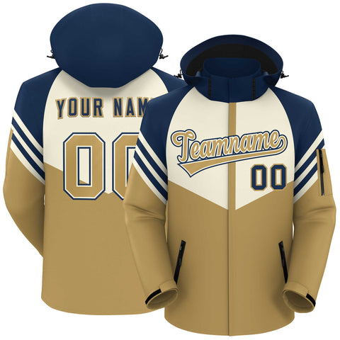 Custom Cream Old Gold-Navy Color Block Personalized Outdoor Hooded Waterproof Jacket