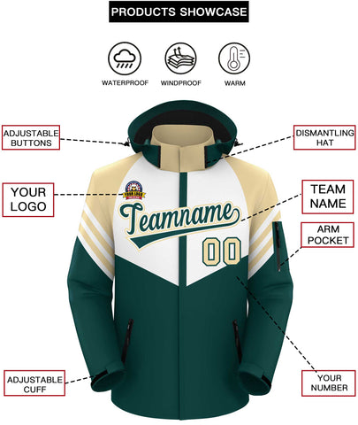 Custom White Midnight Green-Cream Color Block Personalized Outdoor Hooded Waterproof Jacket