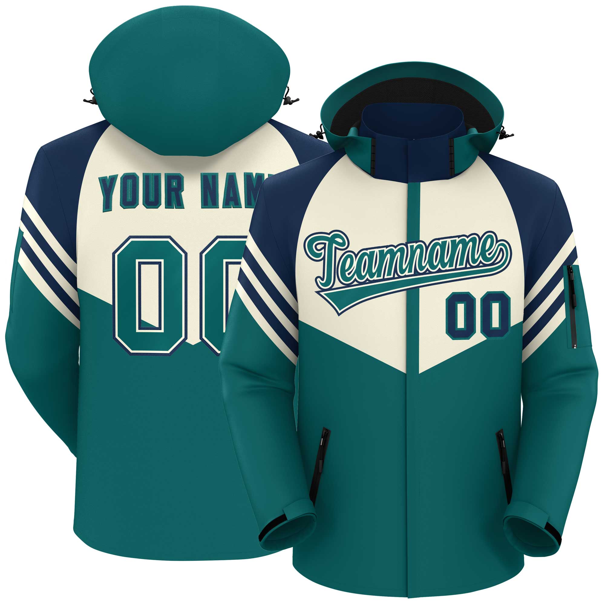 Custom Cream Aqua-Navy Color Block Personalized Outdoor Hooded Waterproof Jacket